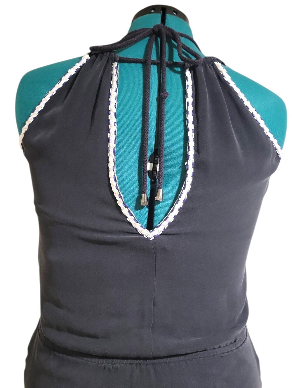 Parker Vintage Silk Black Braided Trim Maxi Dress Size M V-Neck  Halter Tie Neck - Picture 4 of 15
